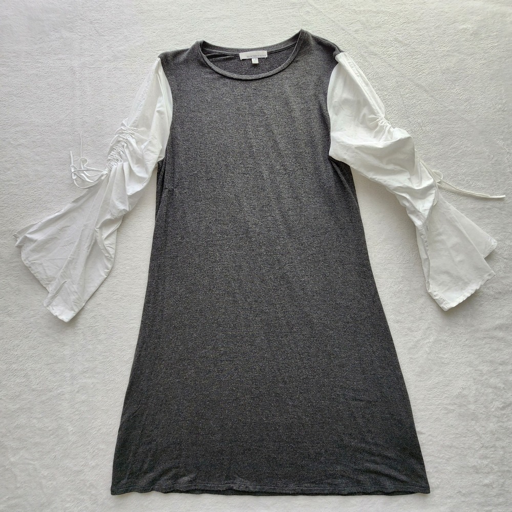 Shift Dress Womens Large Gray White Ruched Bell Sleeve Peasant Prairie Cottage - Picture 8 of 14